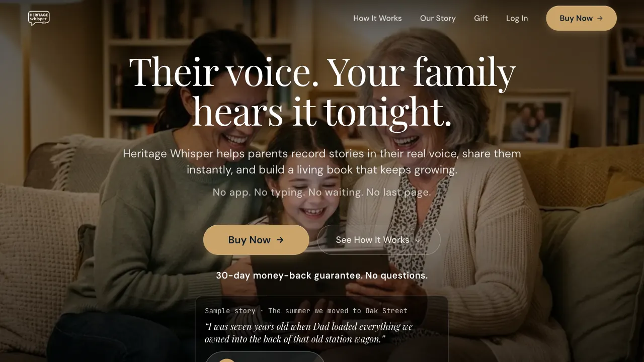 Heritage Whisper website: three generations of a family laughing over a tablet, under the headline Their voice. Your family hears it tonight.