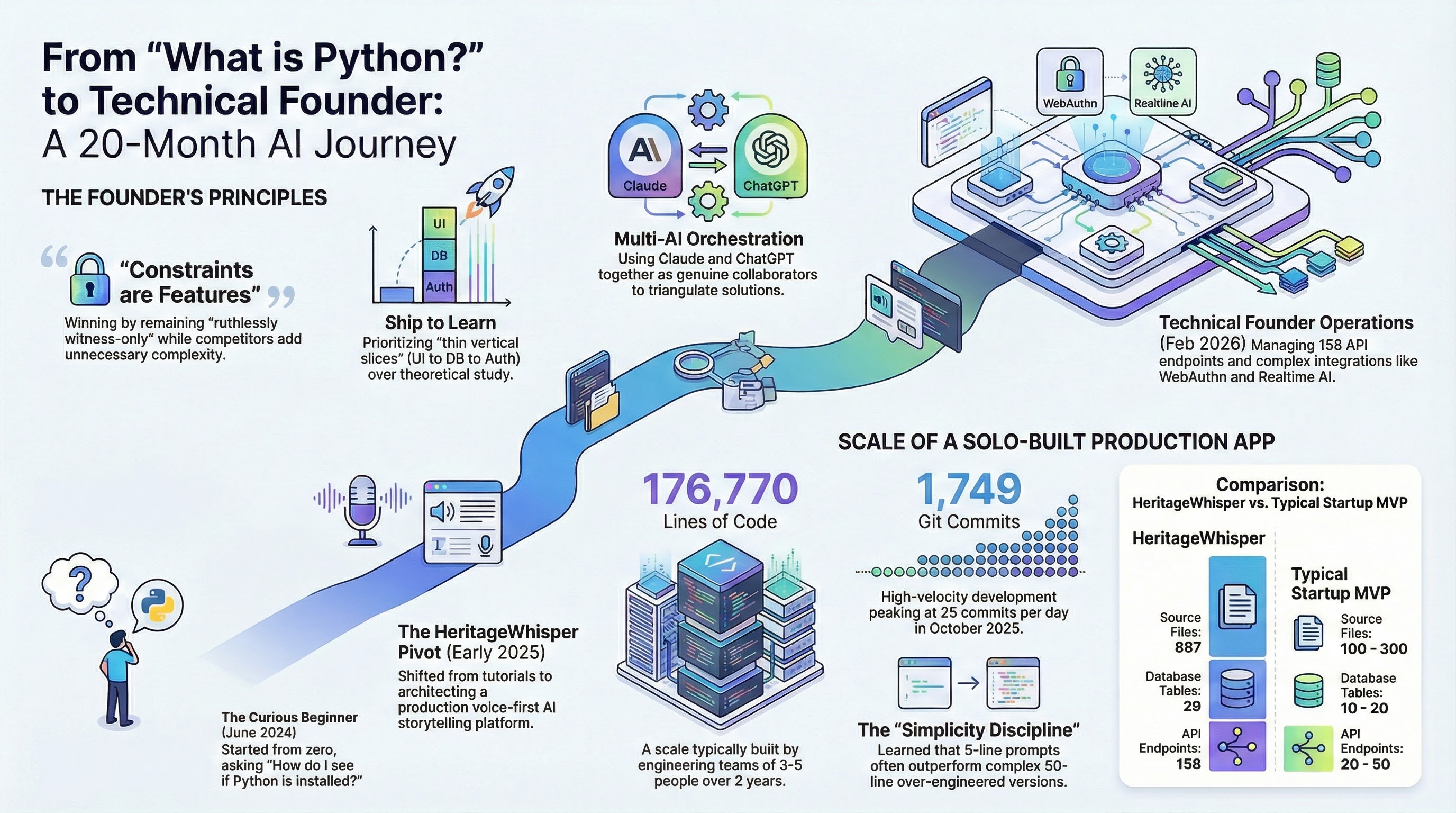 From 'What is Python?' to Technical Founder: A 20-Month AI Journey infographic