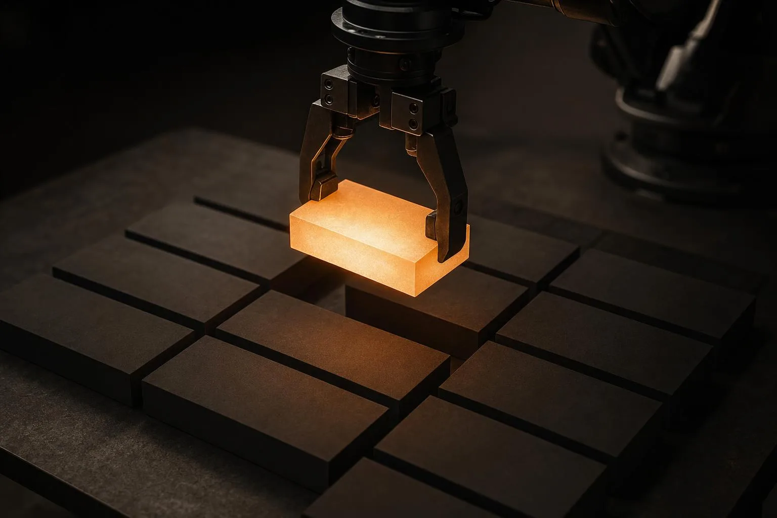 A robotic arm lifting one glowing block cleanly out of a dark page-like grid of blocks.