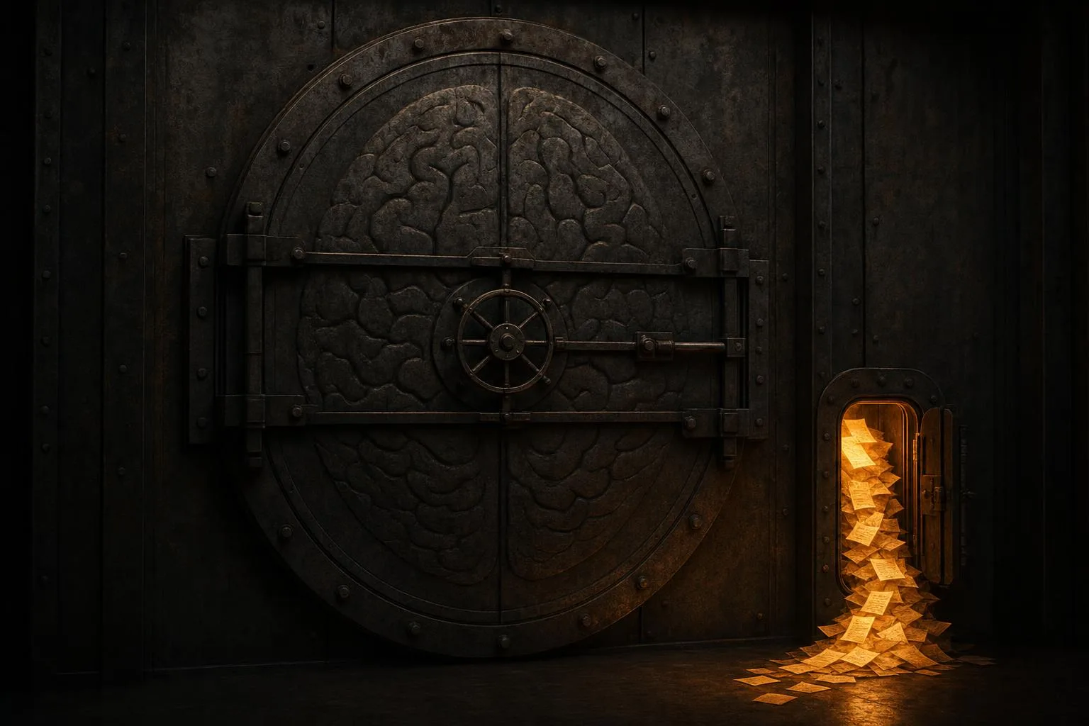A sealed vault door with a brain-like relief, and a small open side gate with glowing pages streaming through it.