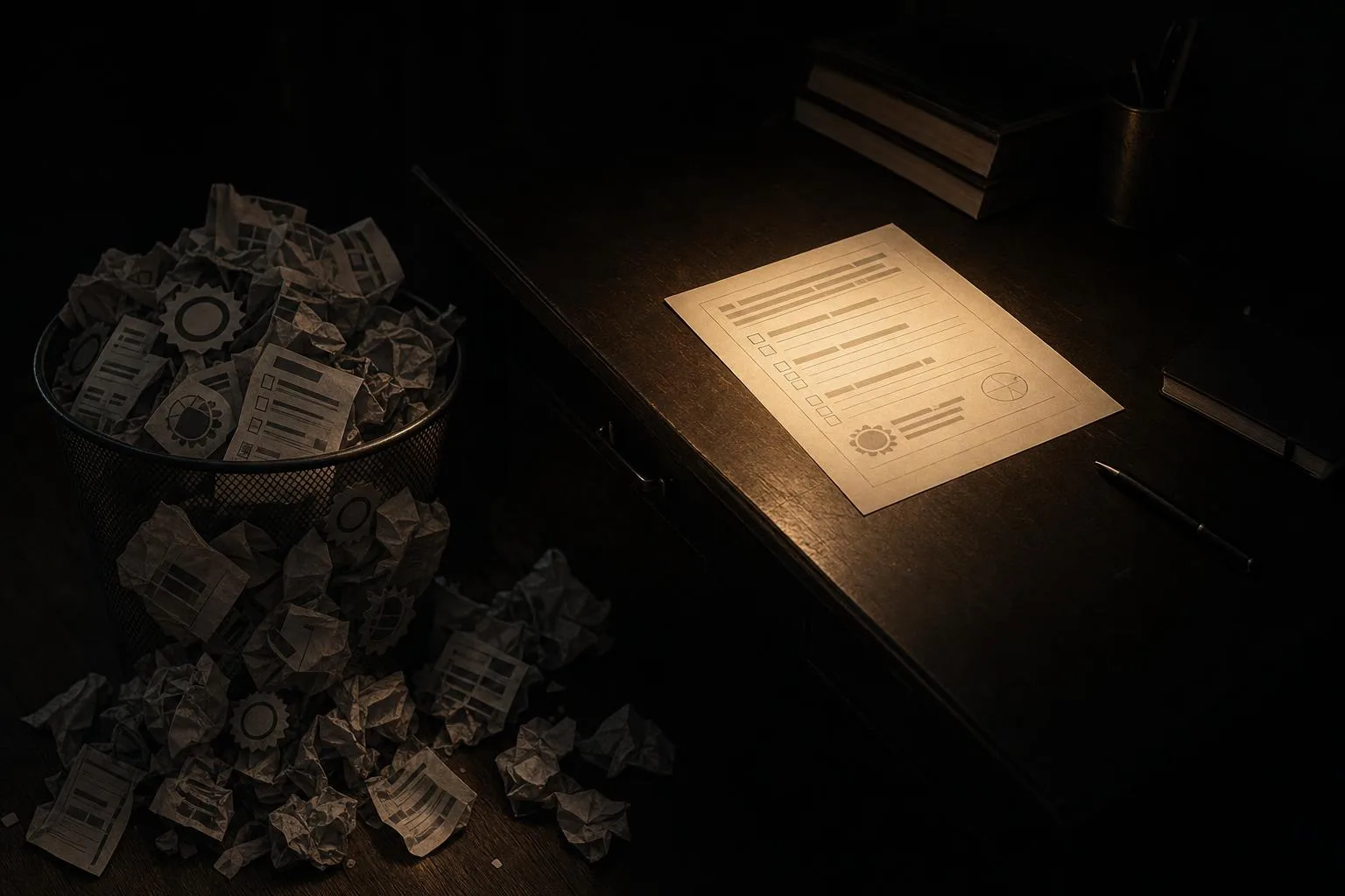 One glowing page on a tidy dark desk beside a wastebasket overflowing with crumpled checklists and badges.