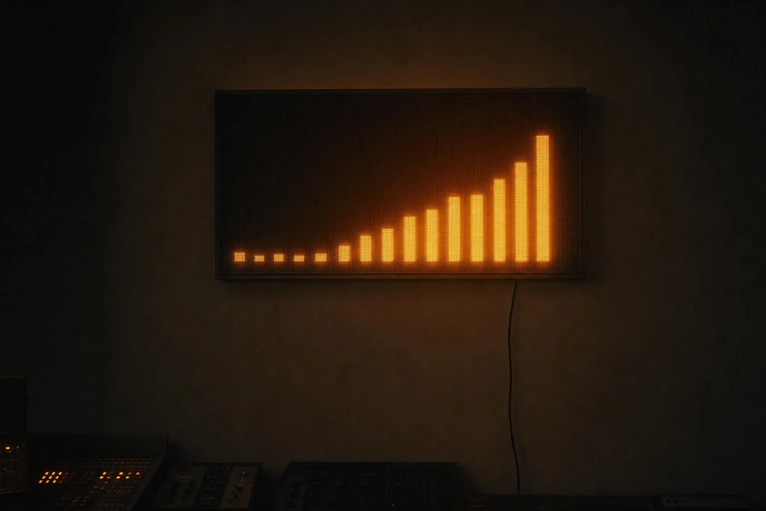 A dark room with a large wall scoreboard just switched on, showing rising warm bars.