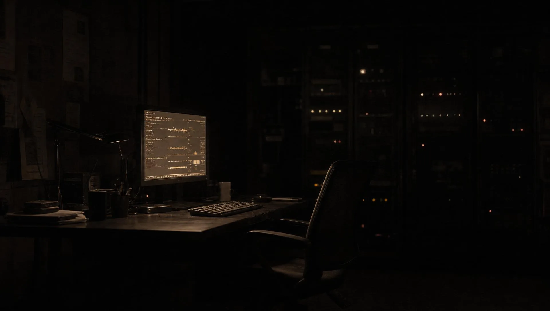 An empty chair before a softly glowing terminal in a dark operations room.