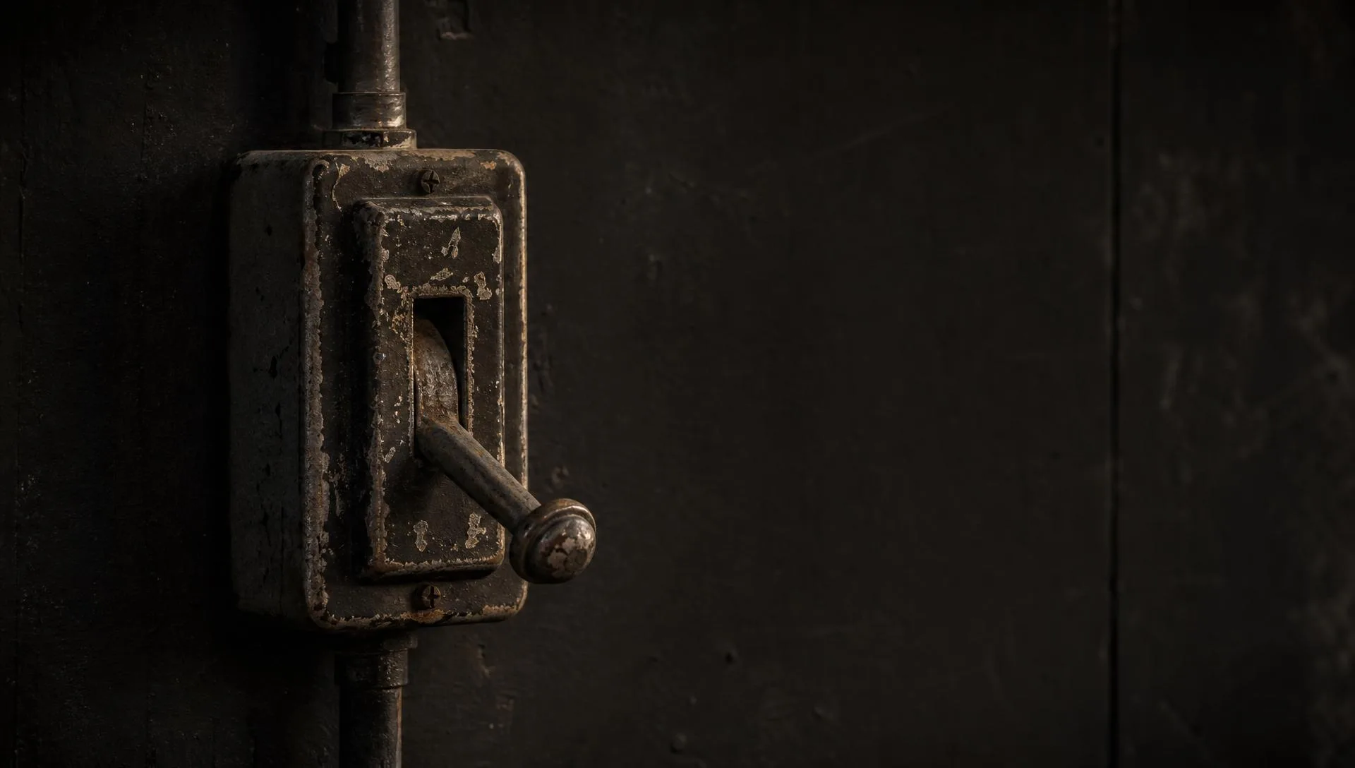 A worn industrial switch on a dark panel, polished by decades of use.