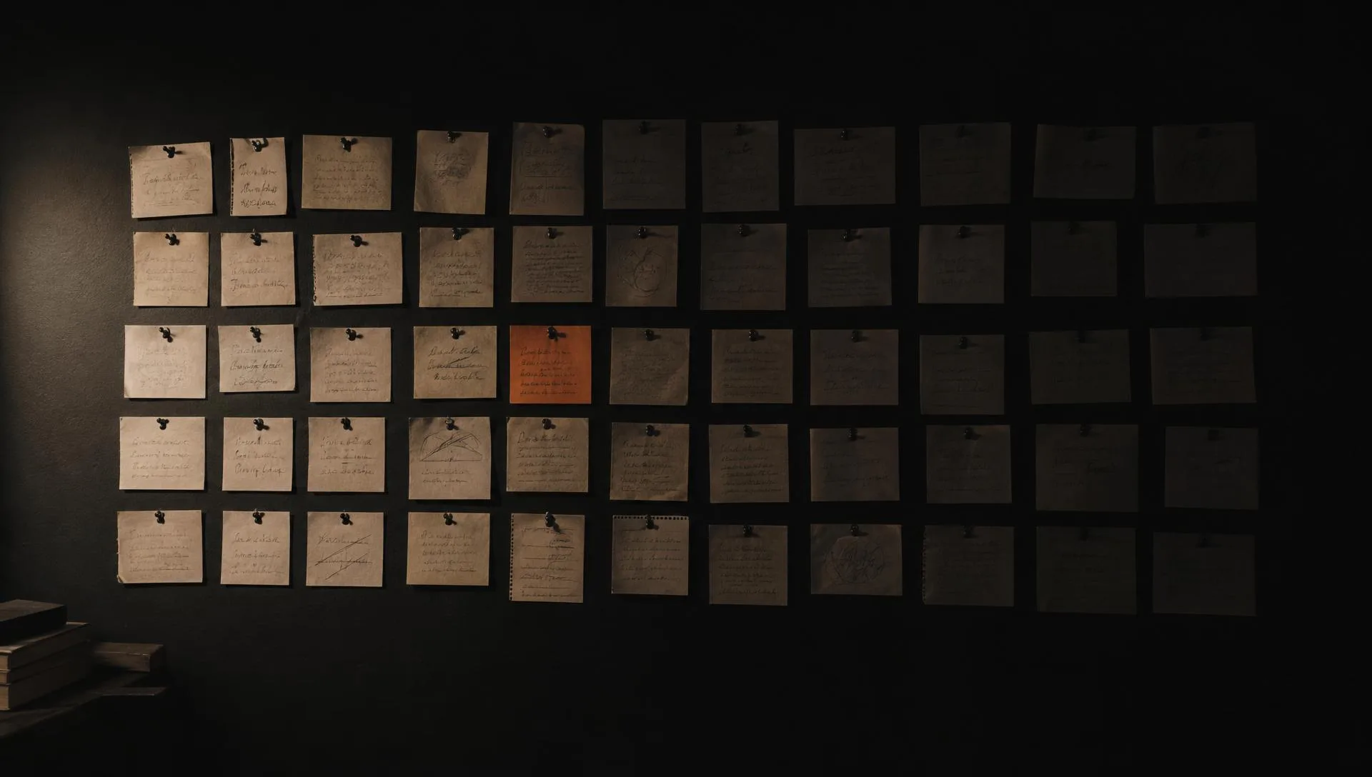 A wall grid of handwritten note cards raked by warm light in a dark room.