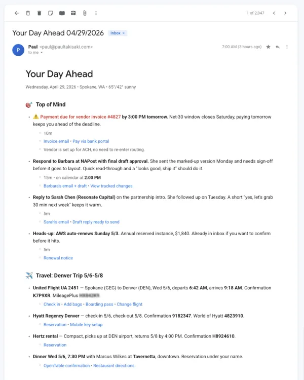 Screenshot of the daily 7am brief: Top of Mind tasks ranked by priority, with red-flagged urgent items, plus a Travel block with reservation numbers and one-tap links for check-in, boarding pass, and flight changes.