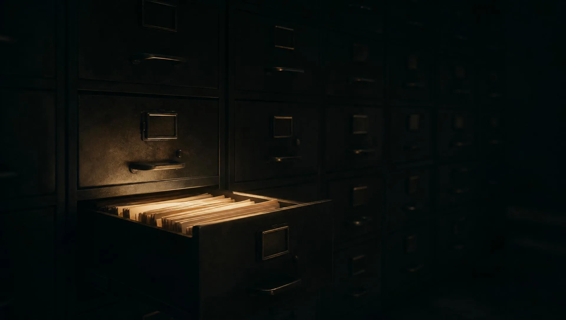 A dark wall of filing cabinets with one open drawer glowing warm from within.