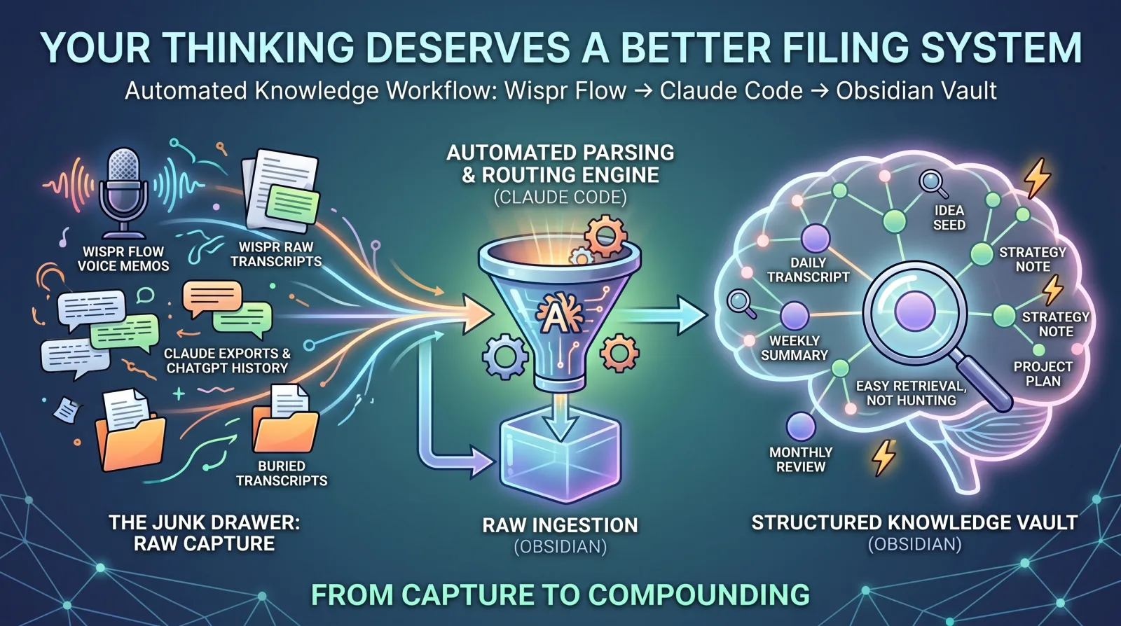 Your thinking deserves a better filing system. Automated knowledge workflow: Wispr Flow voice memos, Claude exports, and ChatGPT history flow into a Claude Code parsing engine, then route into a structured Obsidian vault.