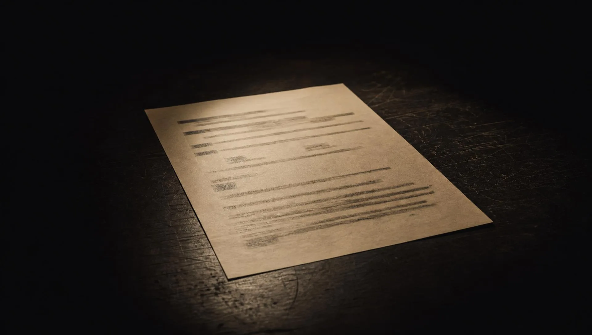A single sheet of paper spotlit on a dark desk, its contents unreadable.