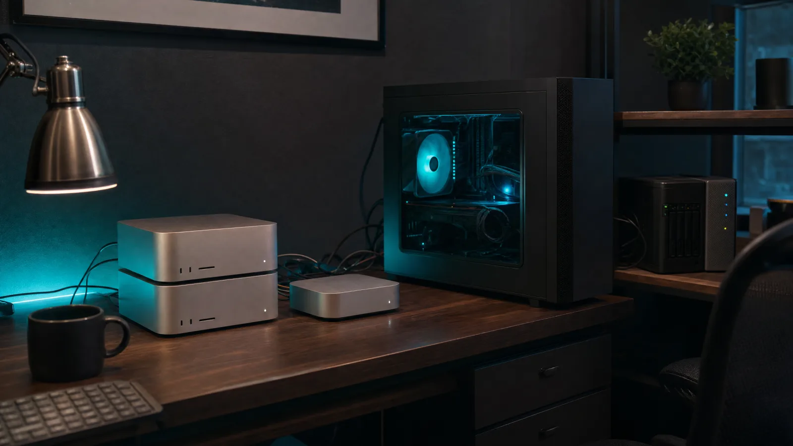 A home AI cluster anchored by a Mac Studio M3 Ultra with 512 GB of memory running local LLMs.