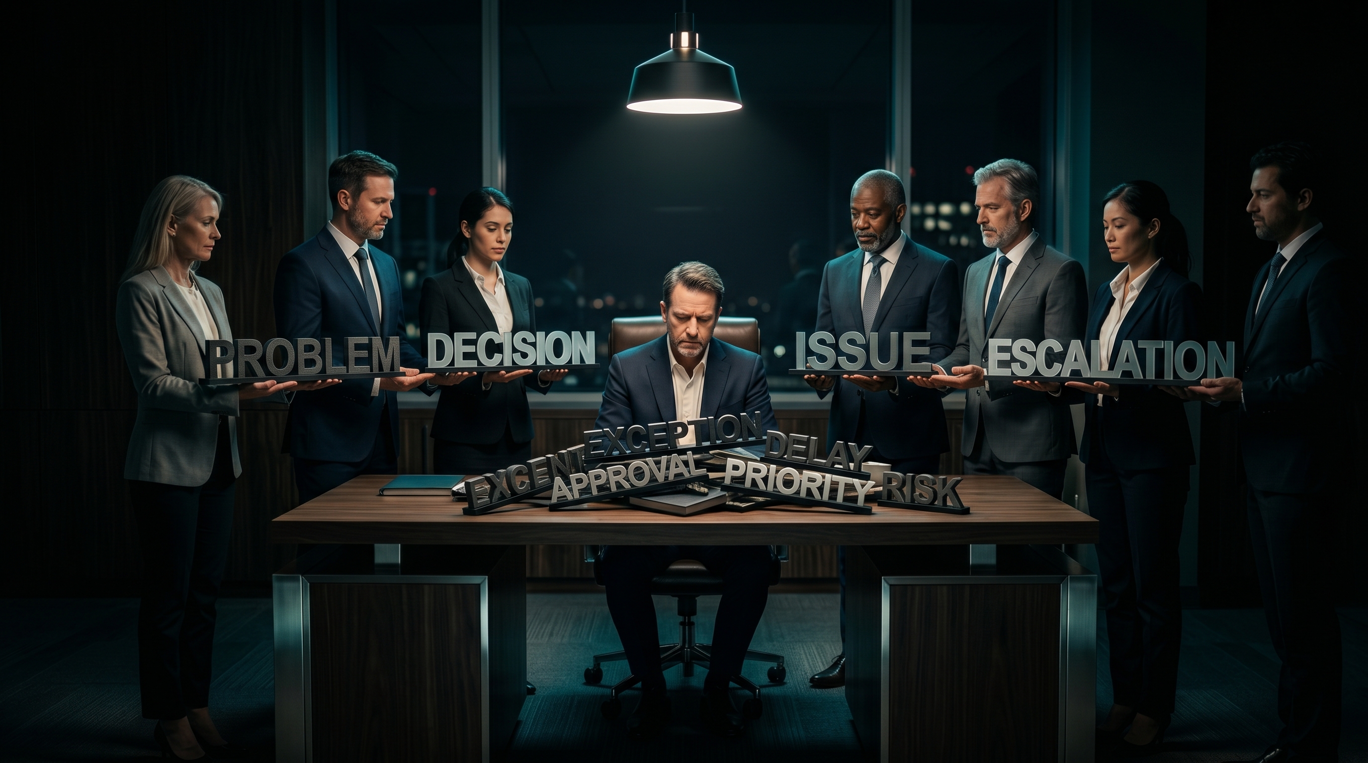 A leader at a desk surrounded by team members holding signs that read PROBLEM, DECISION, ISSUE, ESCALATION, EXCEPTION, APPROVAL, DELAY, PRIORITY, RISK. Illustrates decision overload caused by upward delegation.