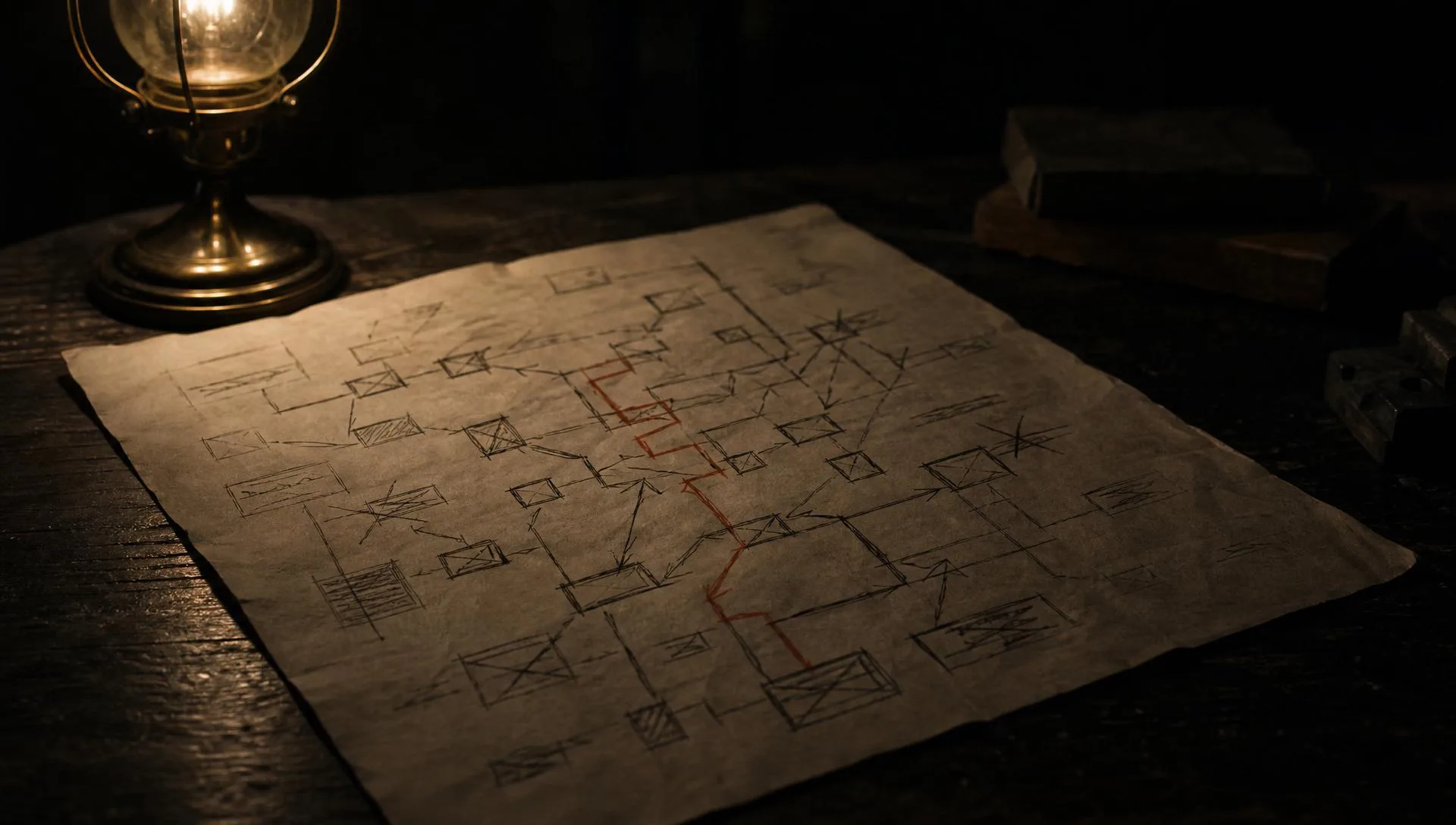 A hand-drawn map of choices on a dark table, one path traced through it in warm lamplight.