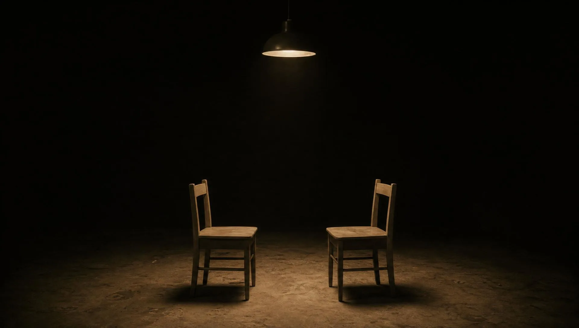 Two empty chairs facing each other under a single warm light in a dark room.