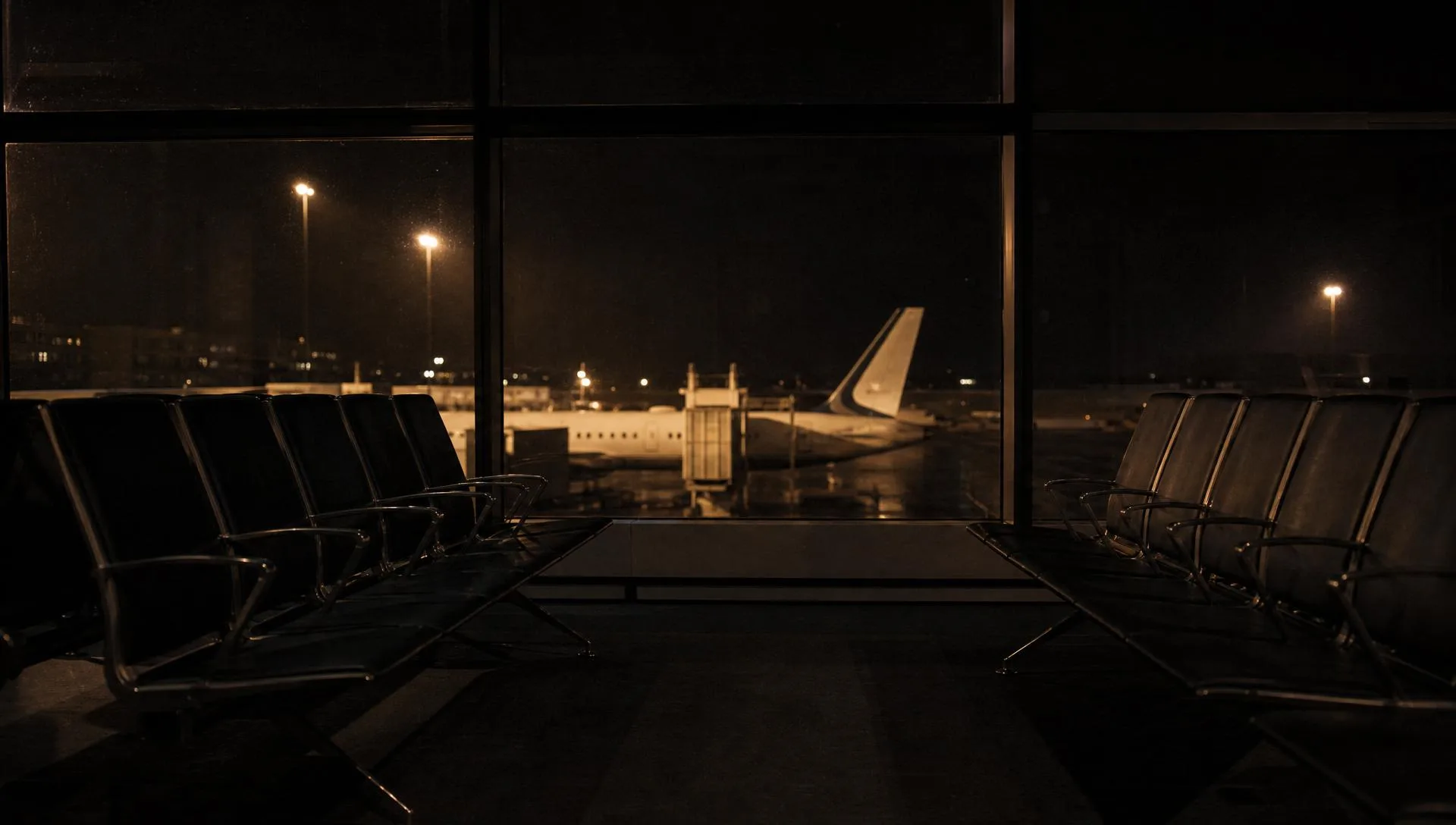 An empty airport gate at night, one aircraft waiting on the warm-lit tarmac beyond the glass.