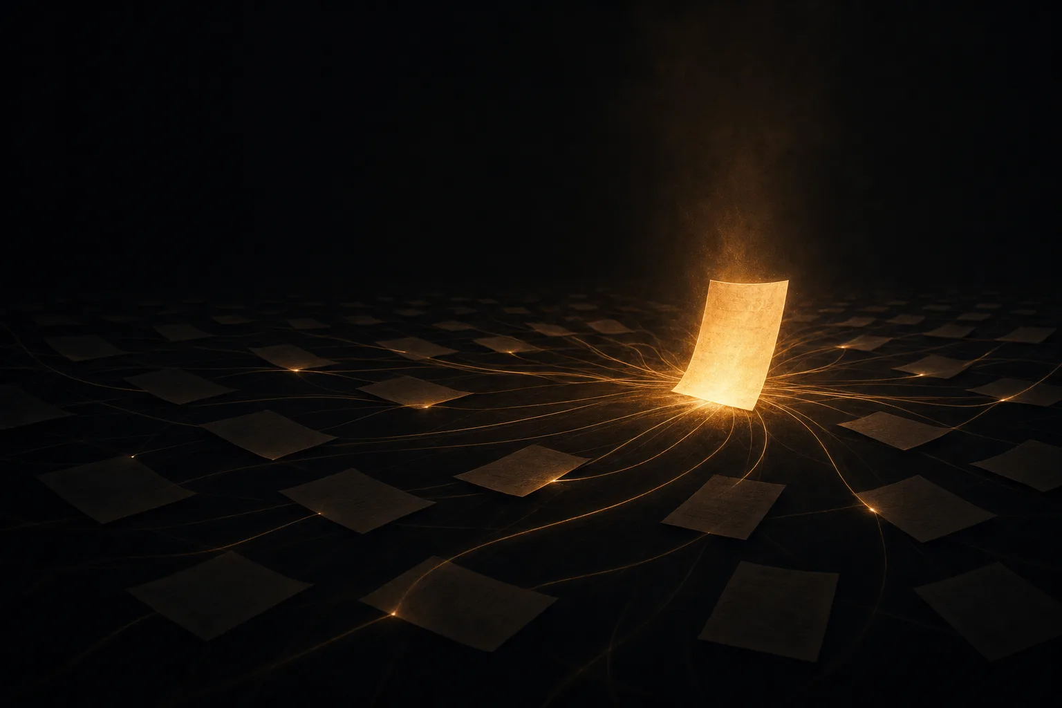 A single brightly lit page pulls citation light across a dark field of unread pages.
