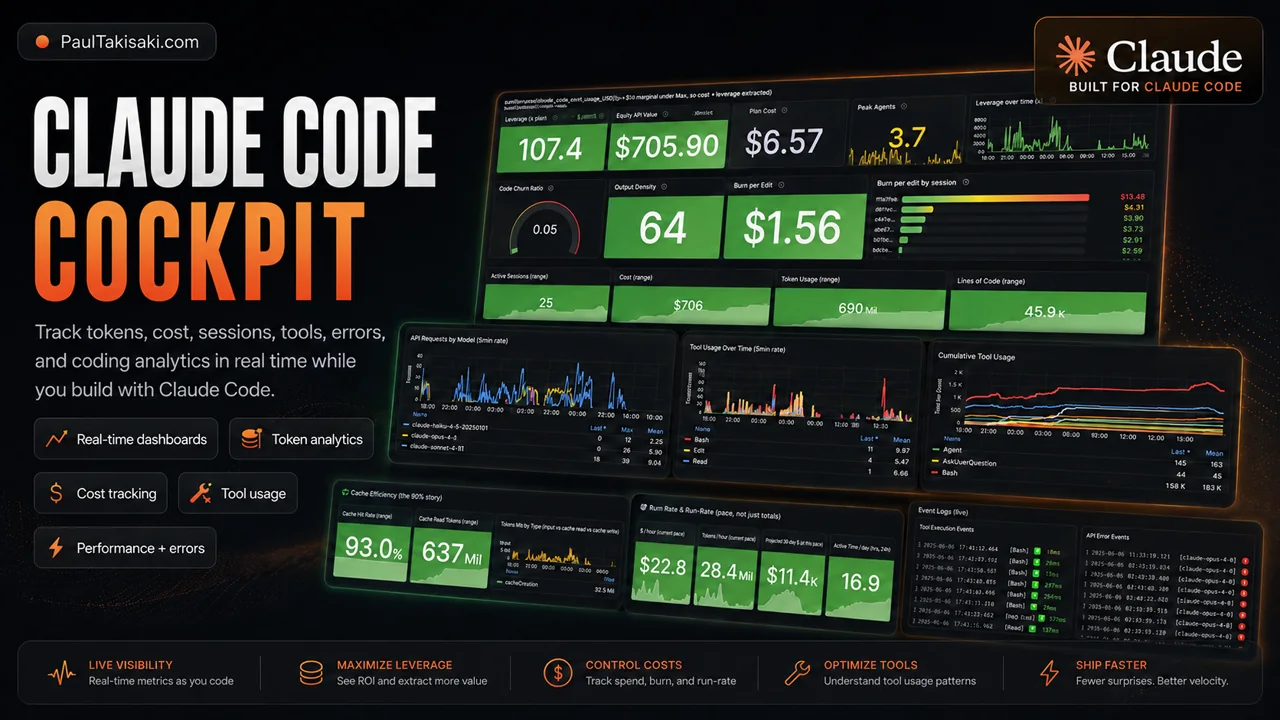 Claude Code Cockpit — a live Grafana dashboard tracking tokens, cost, sessions, tool usage, and Max Plan Leverage