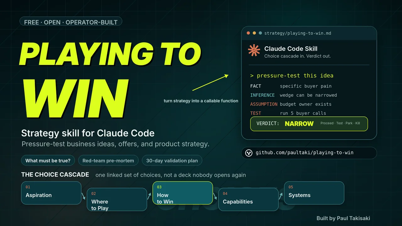 Playing to Win — a Claude Code strategy skill that pressure-tests ideas through the choice cascade and returns a clear verdict