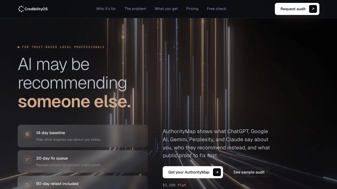 CredibilityOS website showing its AI visibility audit and five search systems