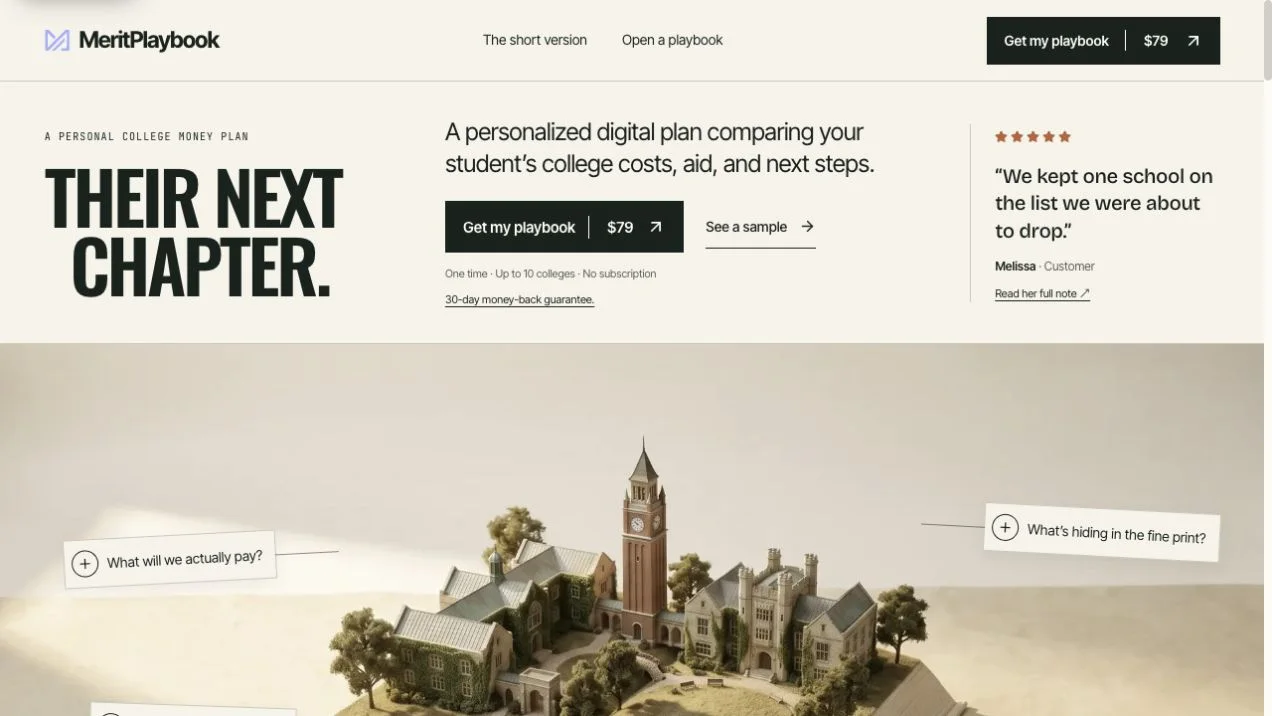 MeritPlaybook website showing a college money plan and a campus emerging from a book