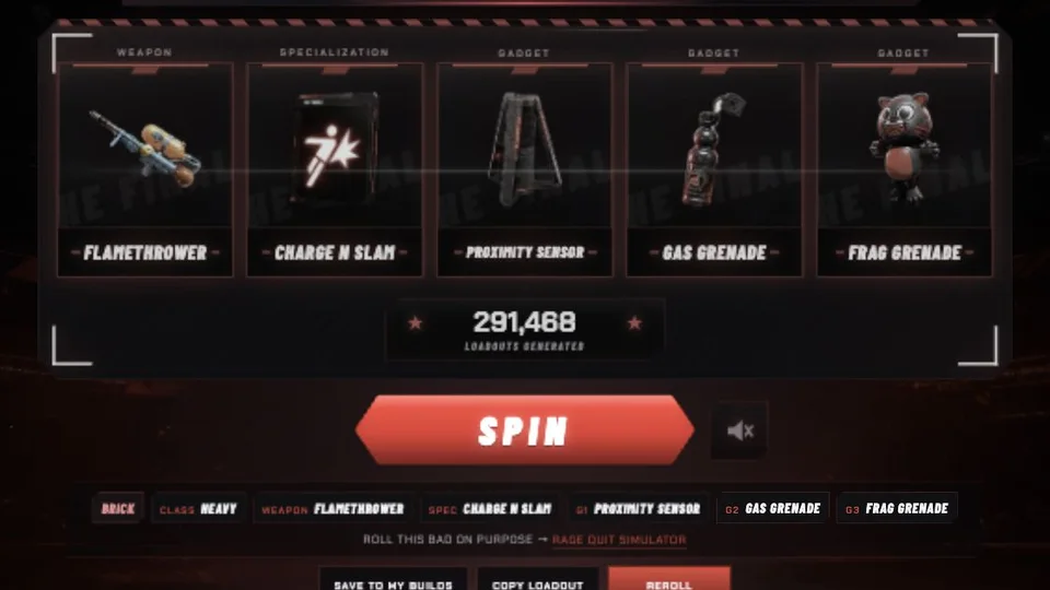 TheFinalsLoadout website with an interactive loadout slot machine