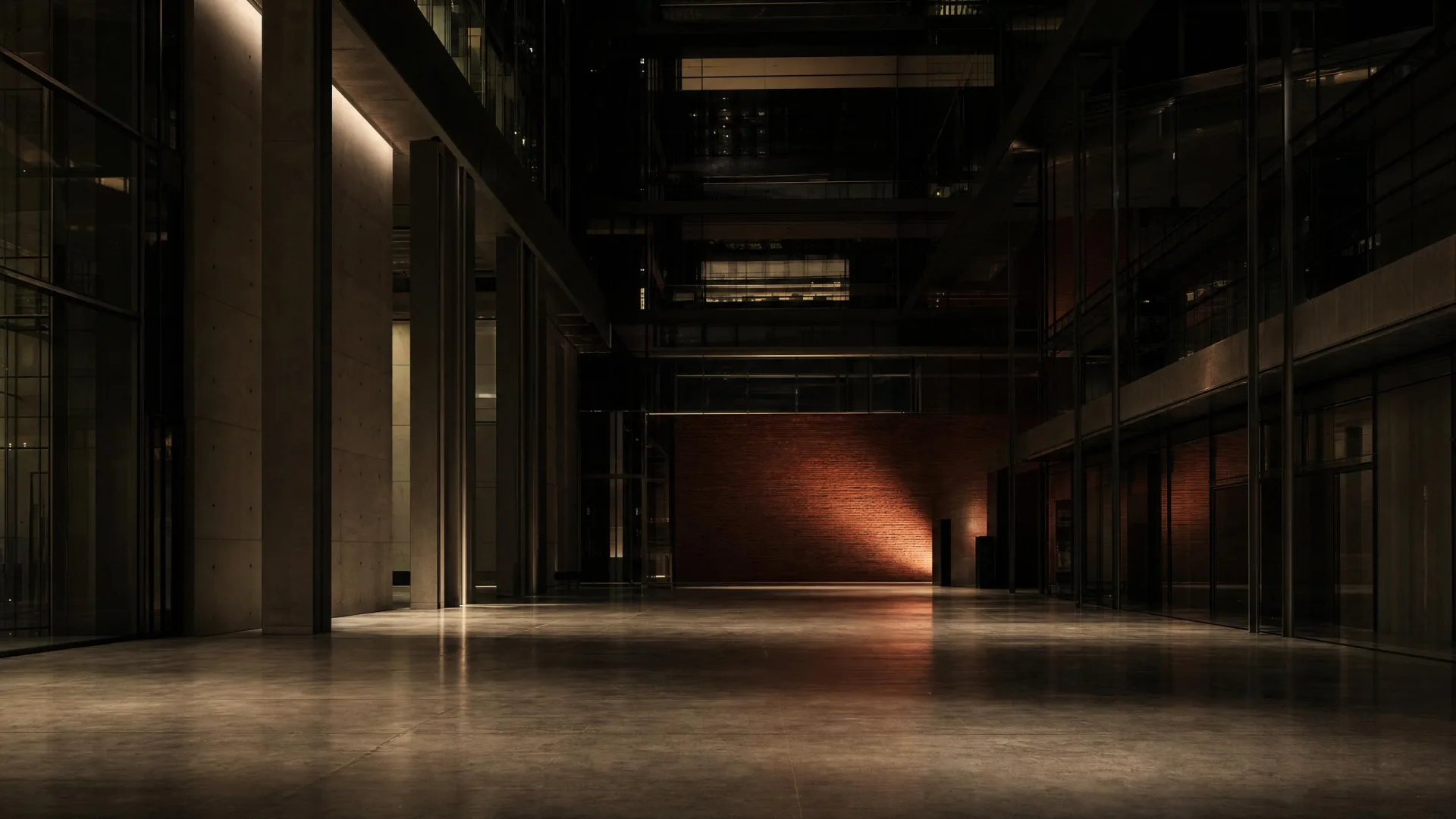 A vast corporate atrium at night, one brick-red wall washed with warm light.