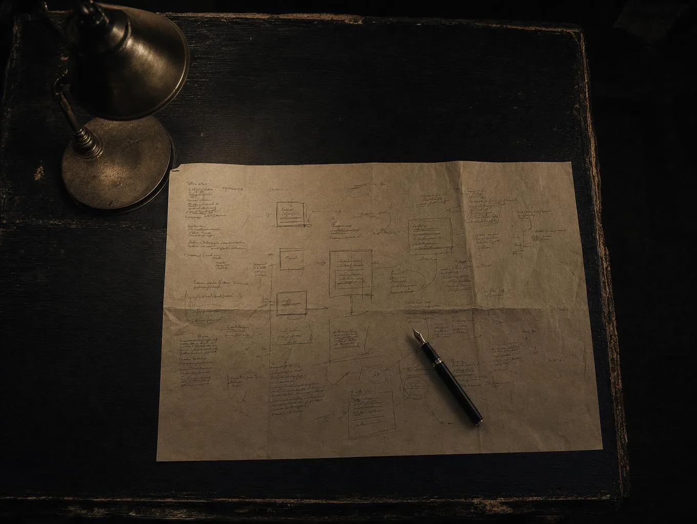 Overhead view of a hand-sketched strategy plan and fountain pen on a dark desk lit by a single warm lamp.
