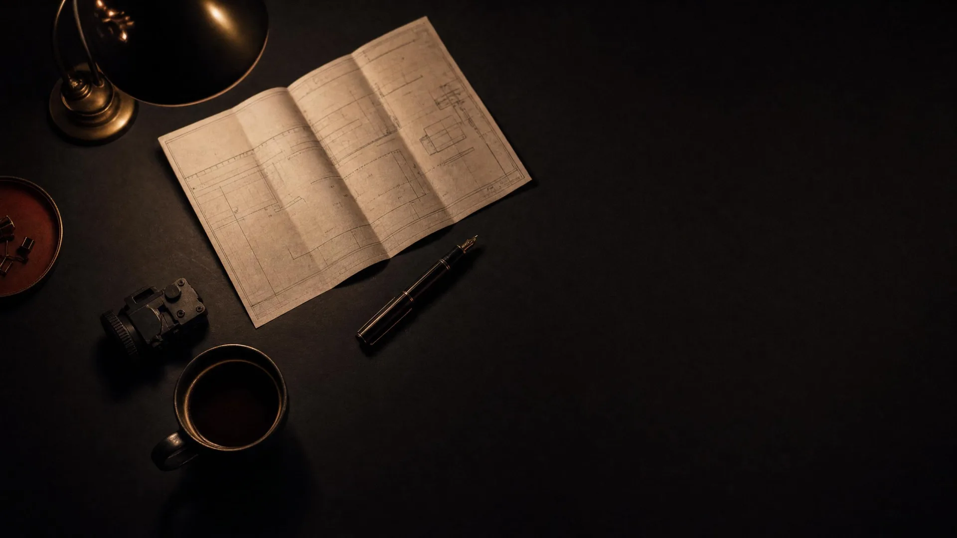 An overhead view of a dark strategy desk under one warm lamp.