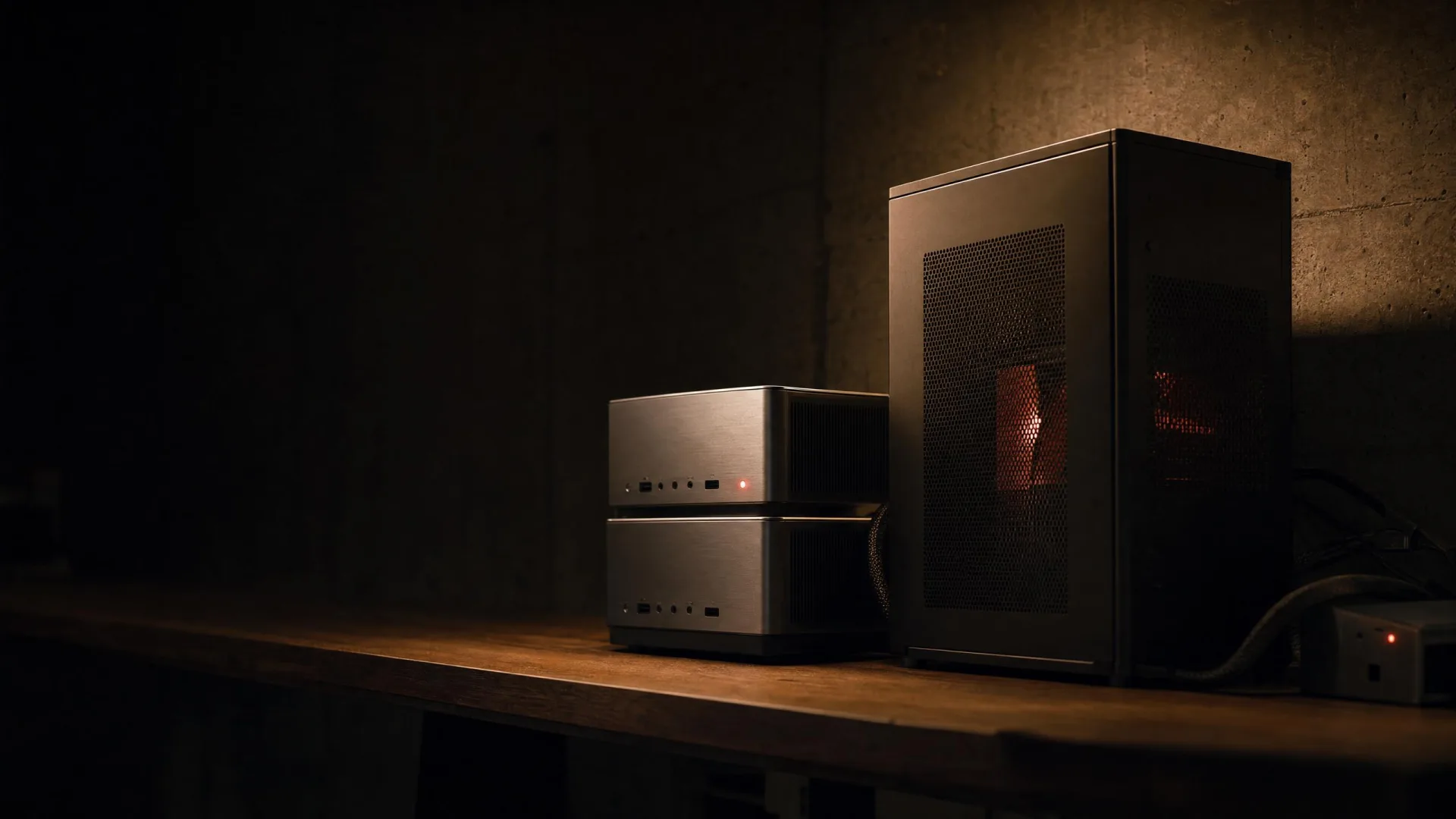 A four-node local AI cluster on a wood desk, warm rim light, one red status LED.