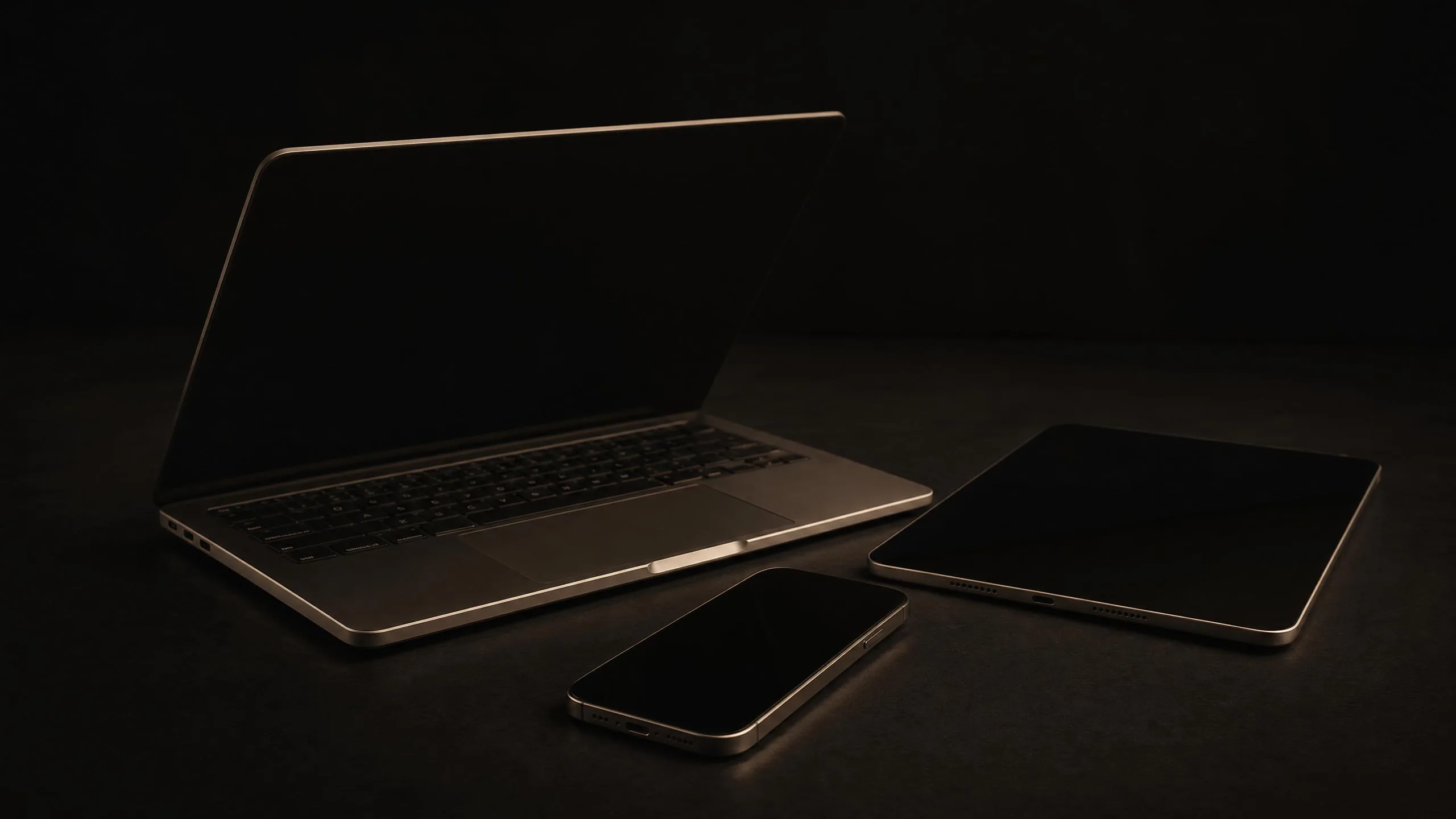 A laptop, tablet, and phone edge-lit in warm light on a matte black surface, screens dark.