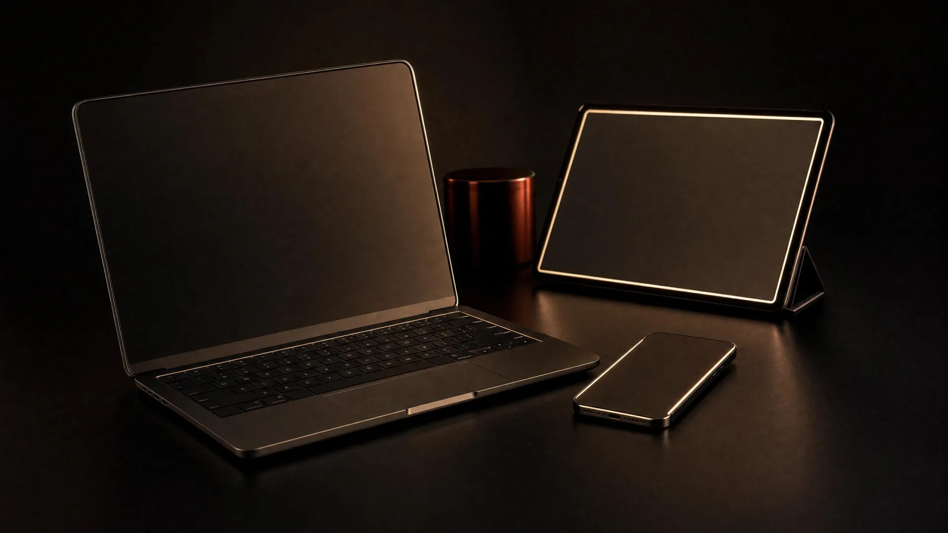 A laptop, tablet and phone edge-lit warm on a matte black surface.