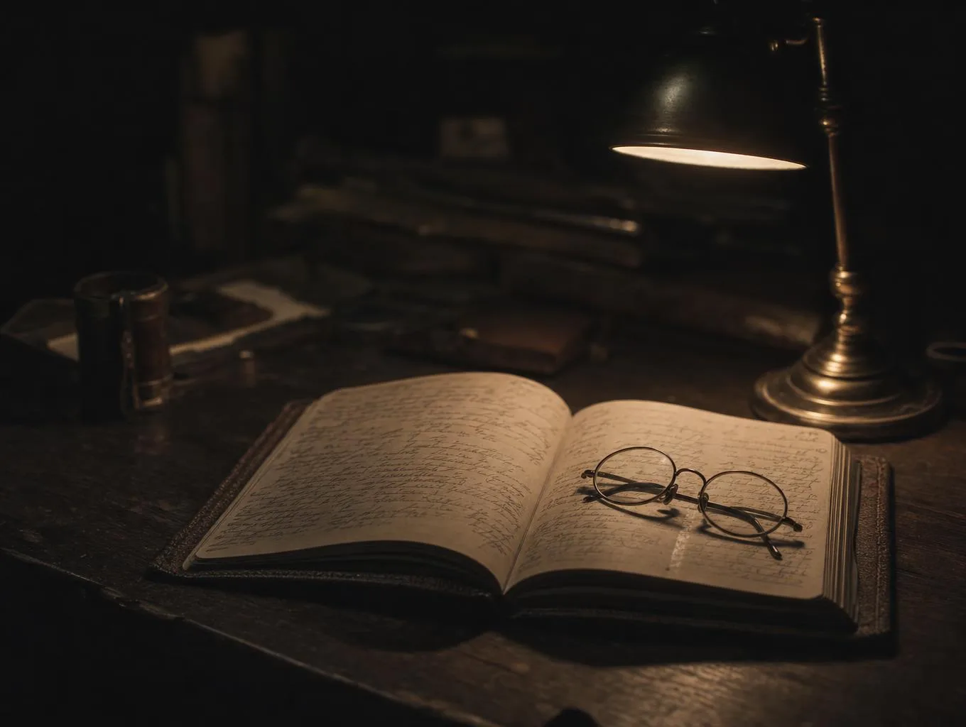 An open notebook of handwritten field notes in a pool of warm lamplight on a dark desk.