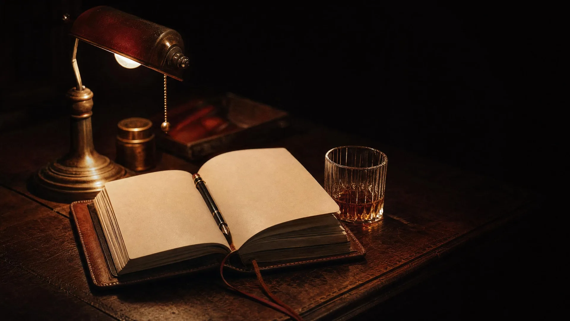 An open leather notebook and a brass lamp pooling warm light in a dark study.